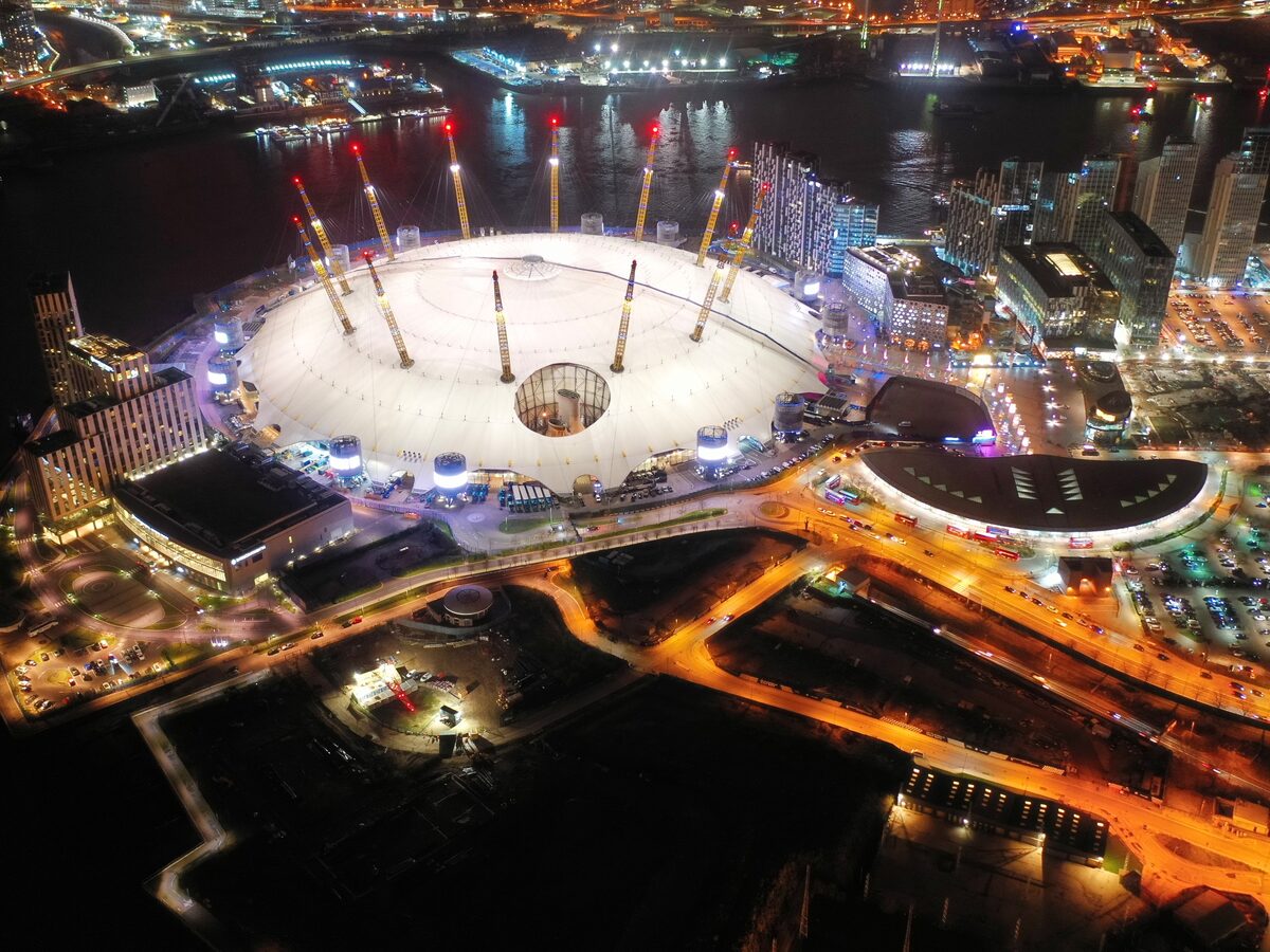 Aerial night view of the O2 Arena on Greenwich Peninsula