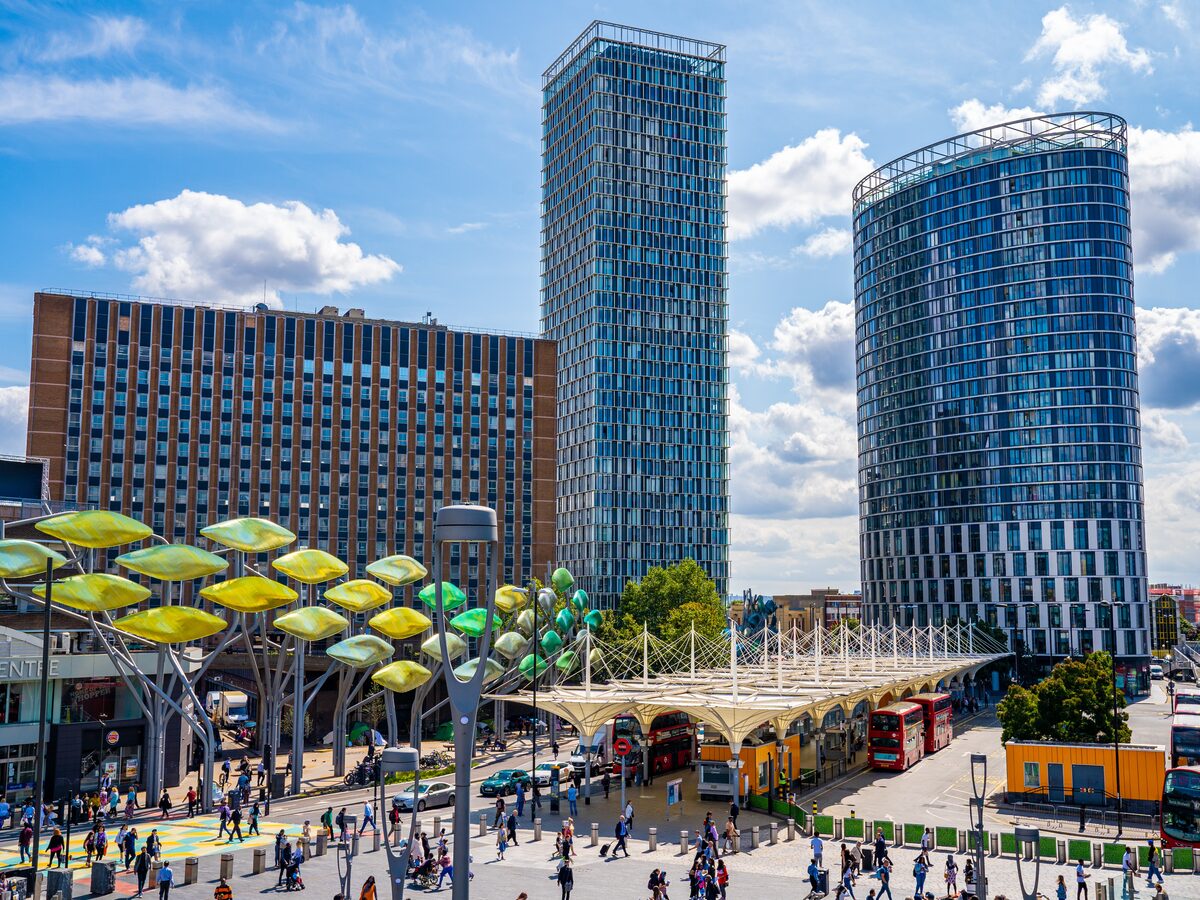 Westfield Stratford City towers and the Queen Elizabeth Olympic Park